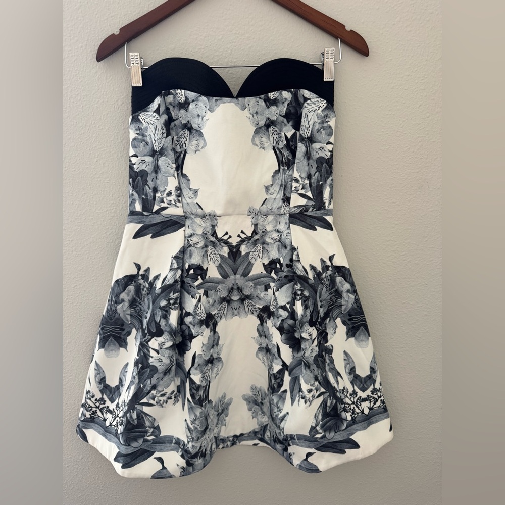 Finders Keepers Floral Black and White Strapless Dress